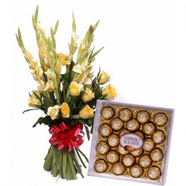 8 Yellow Roses and 7 Yellow Glads with a box of 24 pcs of Ferrero Rocher Chocolates